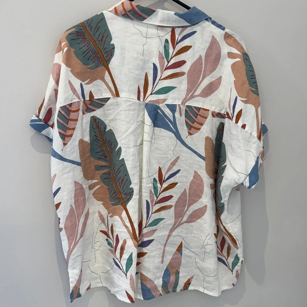 Cynthia Rowley White Linen Printed Button-Up Top with Multicolor Leaf Pattern - Picture 6 of 6